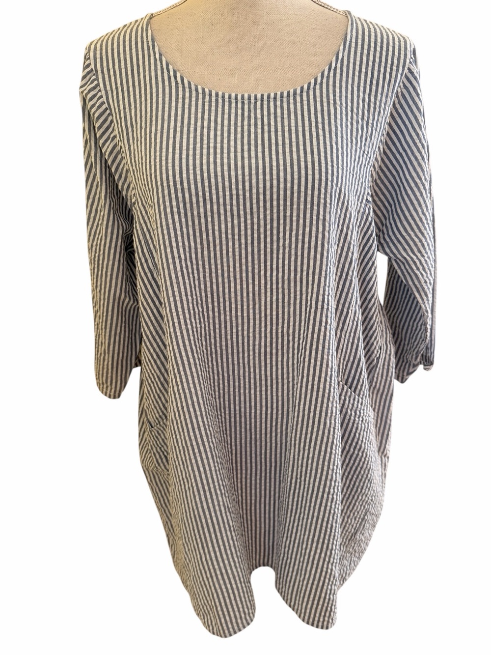Tulip Blue/White Ticking Stripe Cotton Seersucker Scoop Neck Tunic S NEW